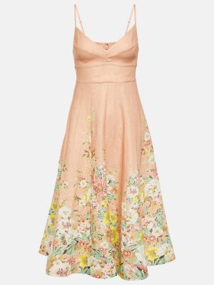 Lanena midi haljina s cvjetnim printom Zimmermann ružičasta