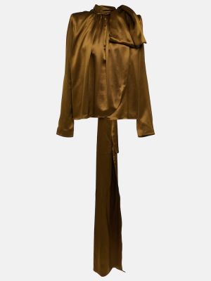 Jedwabny satynowy top drapowany Saint Laurent brązowy