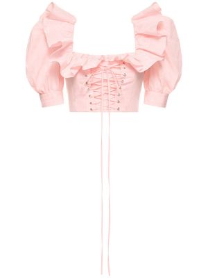 Crop top z vezalkami z volani s čipko Alessandra Rich roza