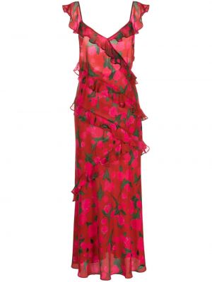 Svilena midi obleka s cvetličnim vzorcem s potiskom Rixo rdeča