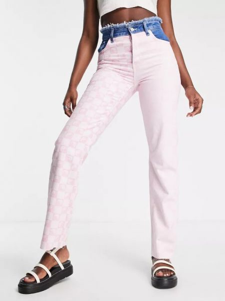 Клетчатые прямые джинсы с потертостями Only розовые