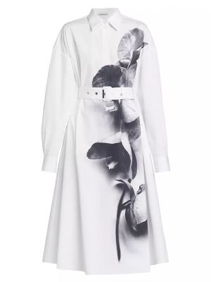 Платье-рубашка миди из поплина с орхидеей Alexander Mcqueen черный