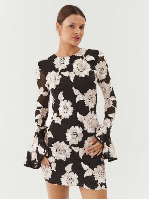 Květinové slim fit koktejlové šaty se síťovinou Rotate černé