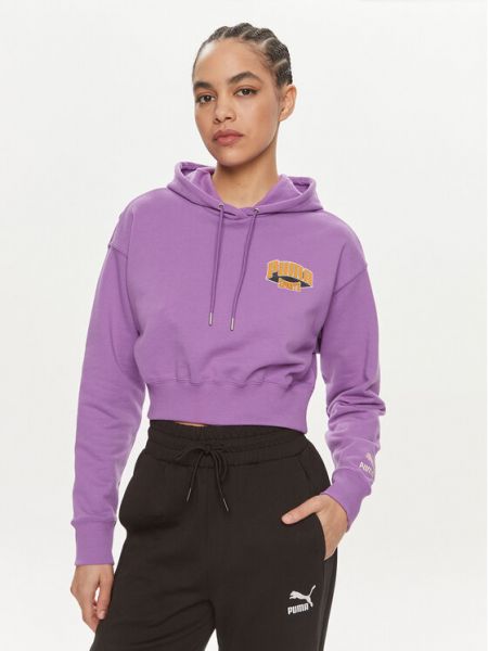 Bluză cu croială lejeră din bumbac cu glugă Puma violet