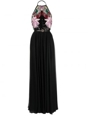 Hedvábné večerní šaty s výšivkou s flitry Elie Saab černé