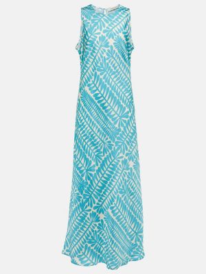 Jedwabna sukienka długa z nadrukiem Asceno niebieska