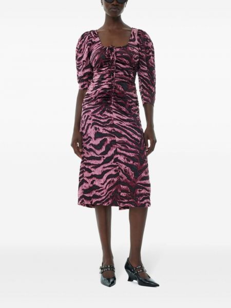Robe mi-longue à imprimé et imprimé rayures tigre Ganni rose