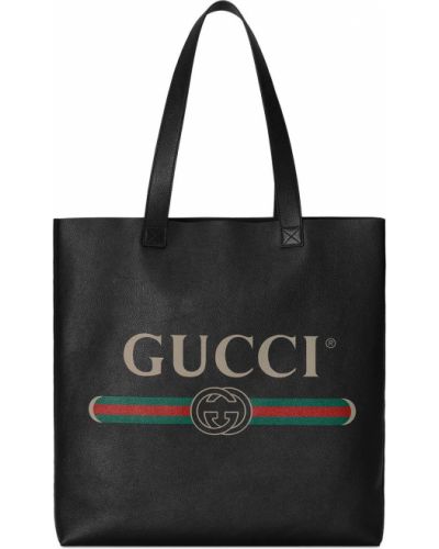 Usnjena nakupovalna torba s potiskom Gucci črna