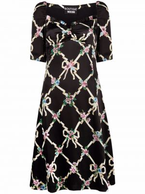 Květinové saténové mini šaty s krátkými rukávy Boutique Moschino - černá