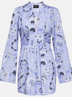 Pamučna haljina s printom s v-izrezom Etro plava