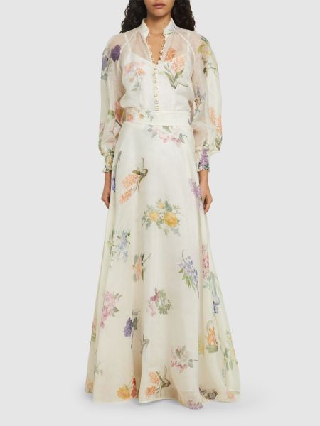 Svilena lanena bluza s cvetličnim vzorcem Zimmermann bela