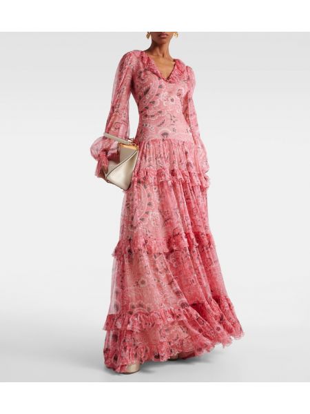 Jedwabna sukienka długa z falbankami z wzorem paisley Etro różowa