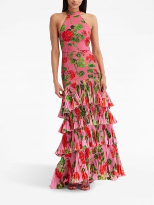 Sukienka koktajlowa w kwiatki z nadrukiem Oscar De La Renta różowa