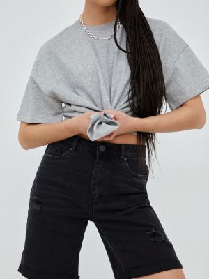 Džínové šortky Vero Moda dámské, šedá barva, hladké, high waist