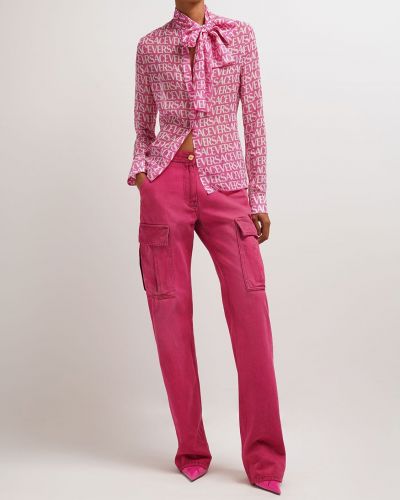 Копринена риза от шифон Versace розово