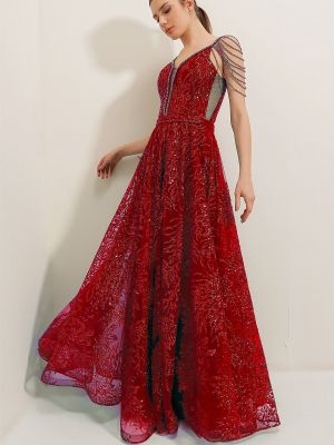 Rochie lunga cu șireturi din dantelă By Saygı roșu