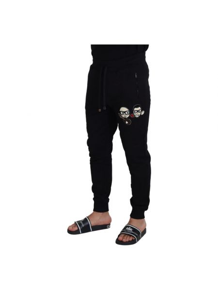 Haftowane spodnie sportowe bawełniane Dolce And Gabbana czarne