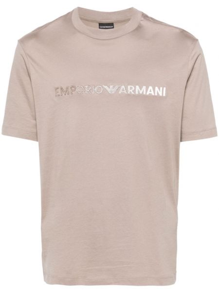 Bavlnené tričko s výšivkou Emporio Armani hnedá