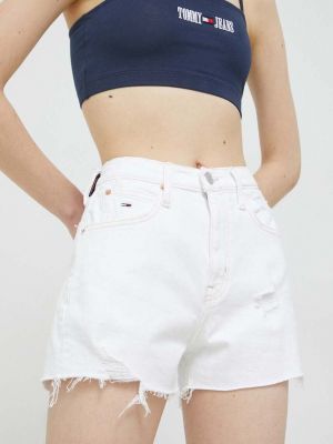 Tommy Jeans pantaloni scurti jeans femei, culoarea alb, neted, high waist