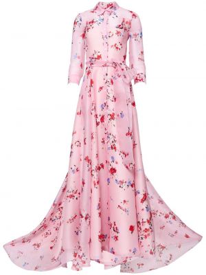 Trykt floral silke kjole med krage Carolina Herrera rosa