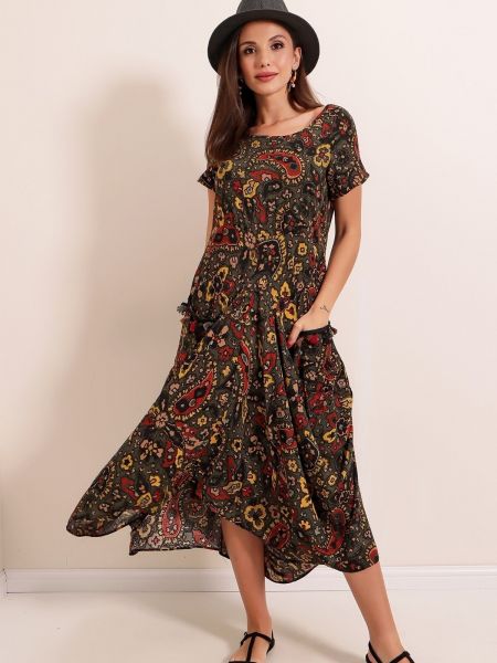 Asymetrické kvetinové šaty s golierom By Saygı khaki