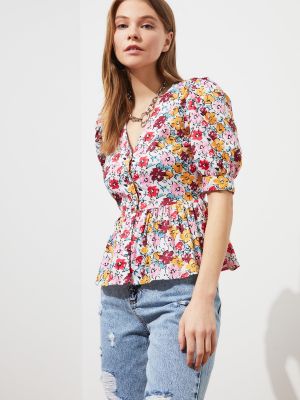 Košulja s cvjetnim printom s v-izrezom s balon rukavima Trendyol