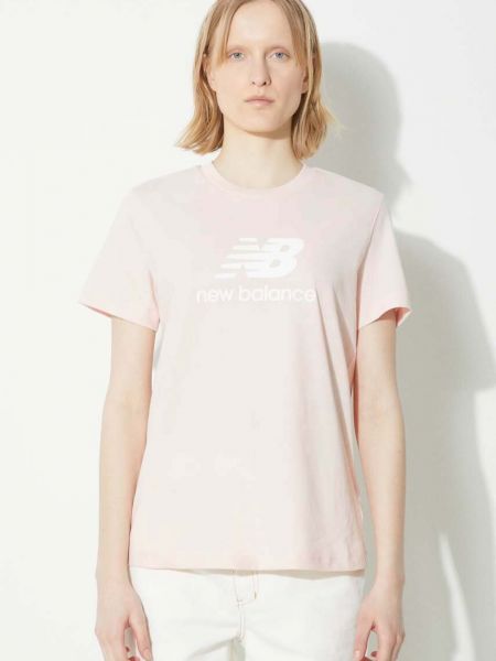 Bombažna majica v športnem stilu New Balance roza