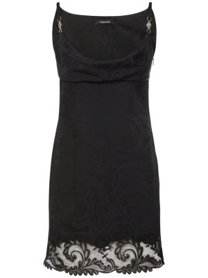 Mežģīņu satīna mini kleita ar drapējumu Versace melns