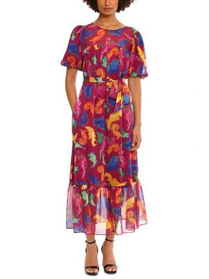 Платье с поясом с принтом с пышными рукавами Donna Morgan фиолетовое