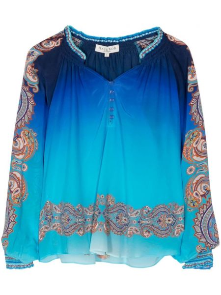 Копринена блуза с яка с принт с пейсли десен Hale Bob синьо