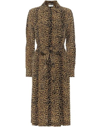 Svilena midi haljina s printom s leopard uzorkom Saint Laurent smeđa