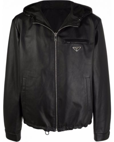 Klasická kožená bunda na zip s kapucí Prada - černá