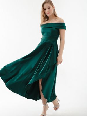 Сатенена вечерна рокля с лодка декольте Lafaba зелено