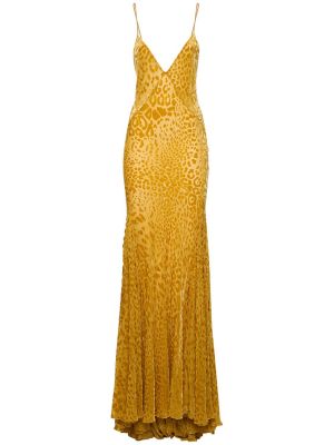 Zamatové dlouhé šaty s leopardím vzorom Roberto Cavalli žltá