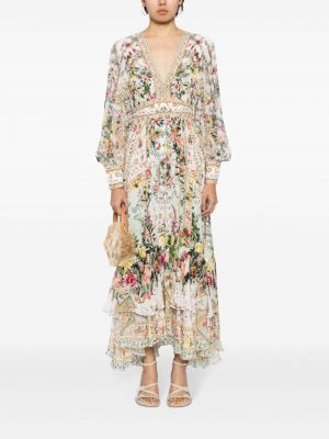 Květinové hedvábné dlouhé šaty s potiskem Camilla bílé