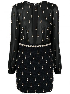 Sukienka koktajlowa z perełkami tweedowa Elisabetta Franchi czarna