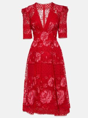 Čipkované kvetinové midi šaty Elie Saab červená