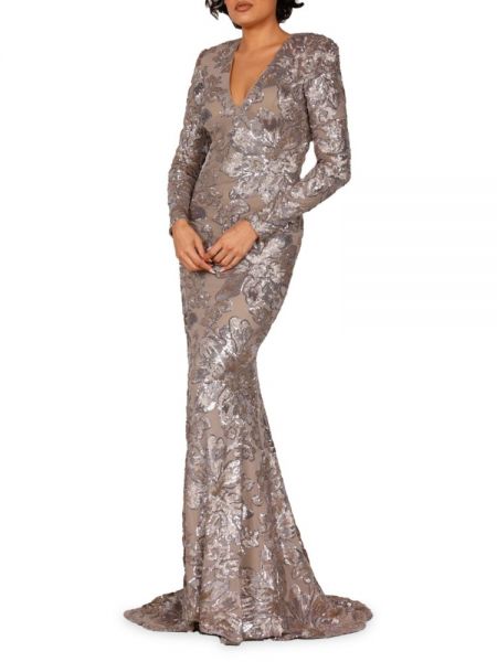 Платье с пайетками в цветочек с принтом Terani Couture серебряное