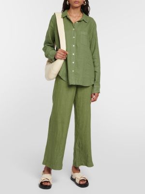 Pantaloni cu talie înaltă de in de catifea Velvet verde