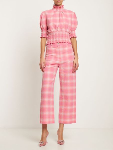 Kostkované rovné kalhoty Maria De La Orden růžové