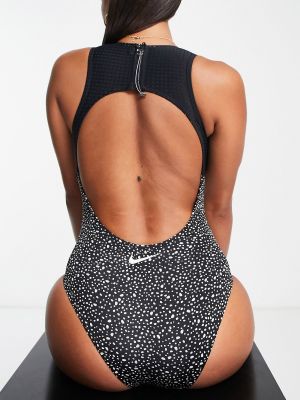 Черный слитный купальник с вырезом на спине и вырезом на спине Nike Swiming dots