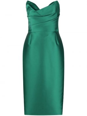 Hedvábné saténové midi šaty z nylonu Marchesa - zelená
