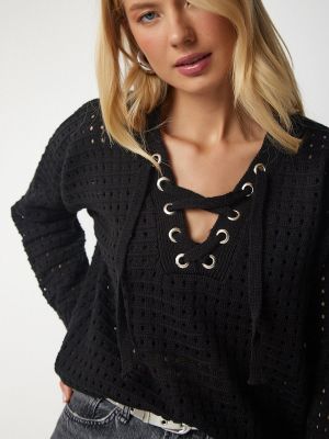 Ažurový čipkovaný šnurovací sveter Happiness İstanbul čierna