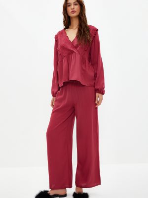 Pletena pidžama s vezom od viskoze Trendyol bordo