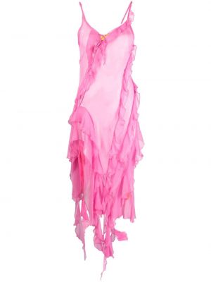 Asimetrična svilena midi obleka z volani Marques'almeida roza