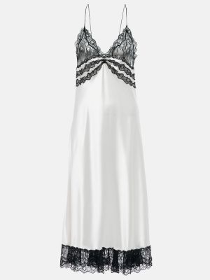 Jedwabna satynowa sukienka midi koronkowa Saint Laurent srebrna