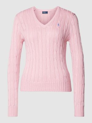 Dzianinowy sweter z dekoltem w serek Polo Ralph Lauren różowy