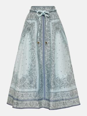 Hodvábna ľanová dlhá sukňa s potlačou Zimmermann modrá