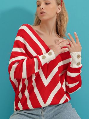 Oversize svītrainas džemperis ar v veida izgriezumu Trend Alaçatı Stili sarkans
