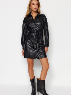 Mākslīgas ādas dabīgās ādas mini kleita ar pogām Trendyol melns